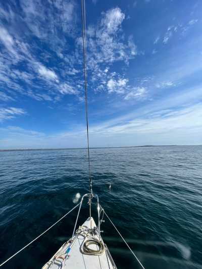 広い海の上の進む船の画像